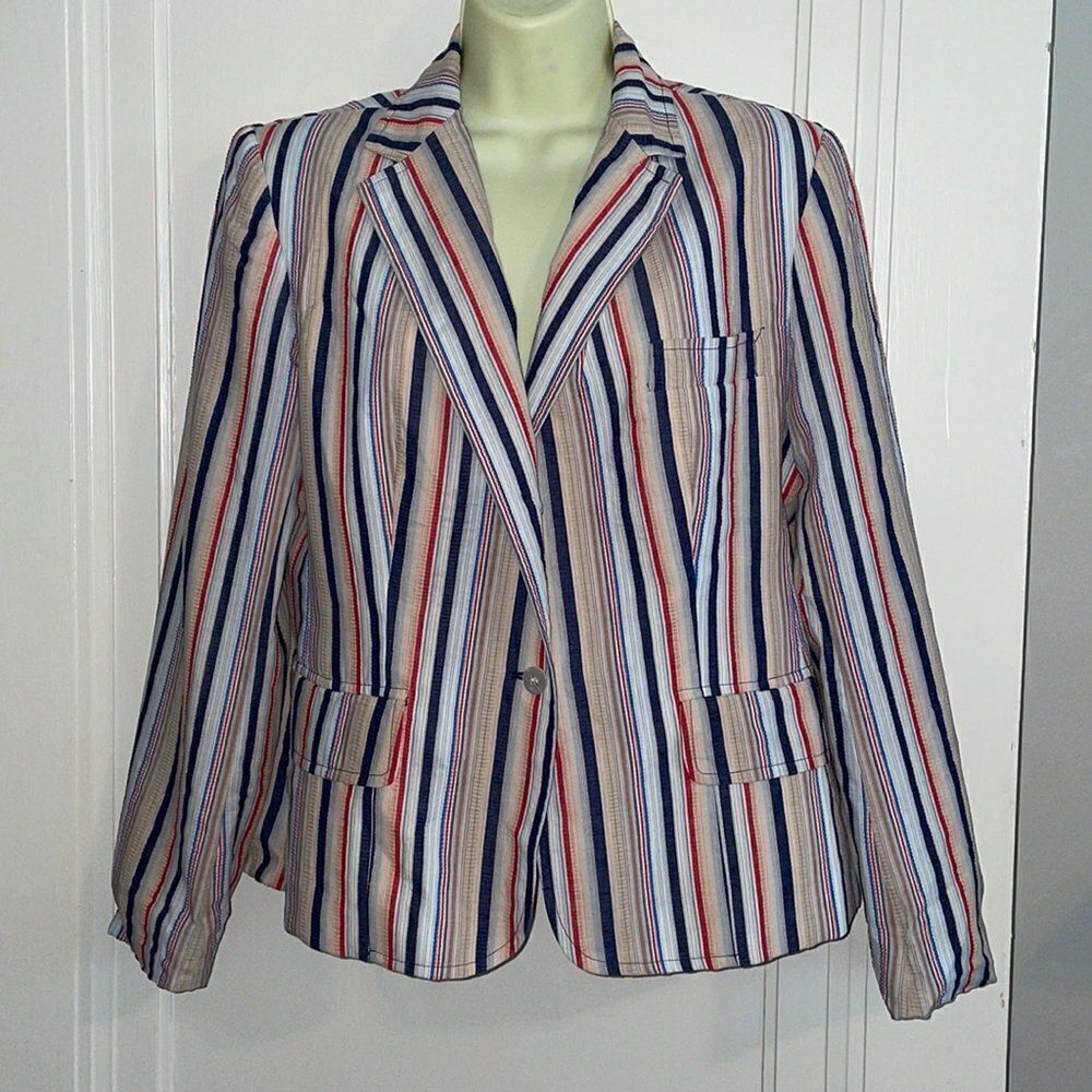 Vtg 80s Evan Picone red, white, blue & tan madras cloth blazer/jacket